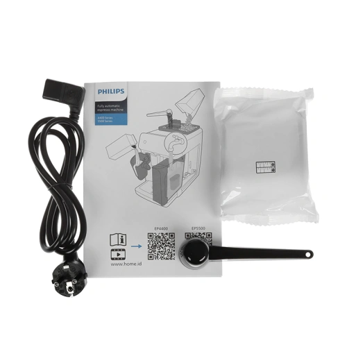 Кофемашина Philips EP5547/90 Series 5500 LatteGo документация, капучинатор, мерная ложка, тест-полоска для определения жесткости воды, фильтр AquaClean