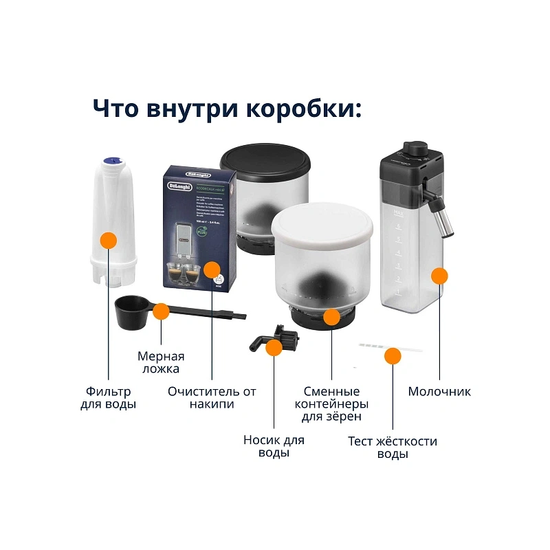 Кофемашина DeLonghi EXAM440.55.W Сменный контейнер для зёрен (2шт.); мерная ложка; полоска для определения жёсткости воды